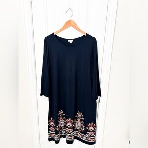 J.Jill Women’s Shift Dress Navy Blue Knit Embroidered Floral 3/4 Sleeve Size XL